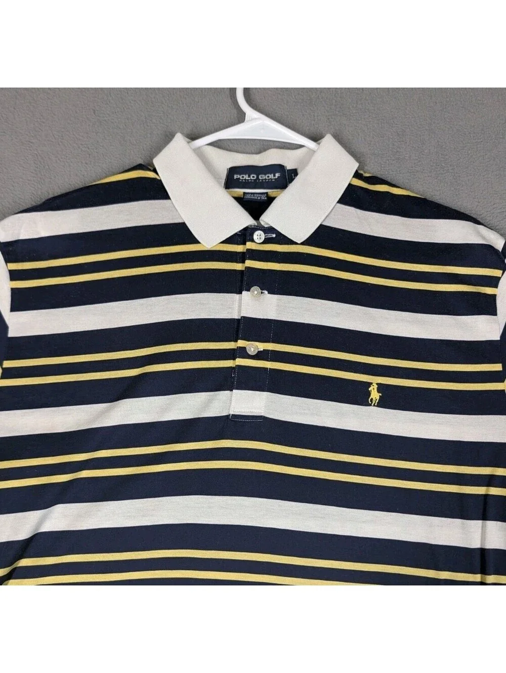 Polo Golf Ralph Lauren Mens L Blue White Yellow Striped Golf Polo Cotton Shirt